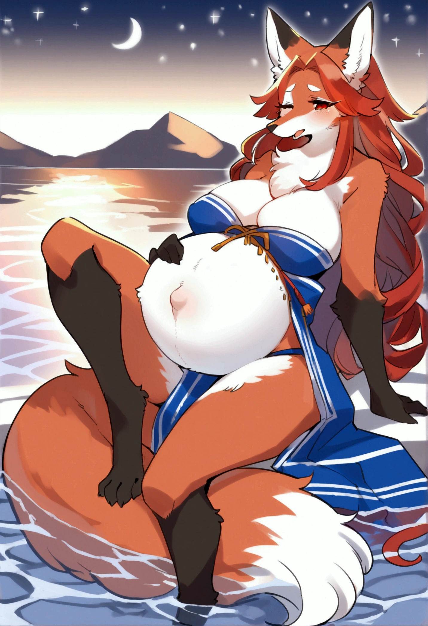 top quality, best quality, by lemoco, High-quality illustrations, masterpiece), (kemono, furry anthro), very beautiful and detailed body face and eyes, round, 1 female, fox, slim body, mature face, red furs, fluff, tail, hair, average breasts, perfect eyes, red eyes, beautiful kabuki clothes, beautiful night on lake, body movement, body twitching, beautiful pregnant, nervous, panic, quick breathing, moan, strong contraction, feeling not well, lay down, spread legs, eyes closed, labor