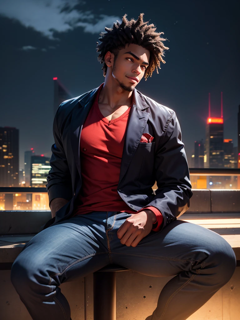 In the ultra-high-definition, 8k photorealistic image, an African American male is depicted sitting alone in a public setting, daydreaming with a slight smile. The man exudes a sense of tranquility, with his dark skin glowing under the romantic background of city night lights. Every detail is captured flawlessly, from the strands of his hair to the creases in his clothing. The image is so lifelike that it almost seems as though the man could step out of the frame. With vibrant colors and stunning clarity, this captivating portrait invites viewers to immerse themselves in the beauty of the moment.