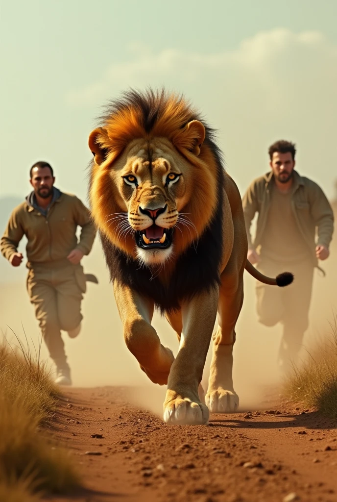 Pictures of a lion running after men, free video