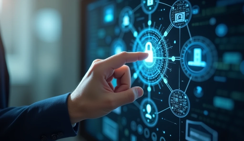 Create a highly realistic image featuring a hand ready to interact with a transparent holographic interface. The holographic display should feature advanced cybersecurity elements, including padlock icons, cloud computing symbols, and complex lines of code or circuit diagrams. The background is softly blurred, with subtle light filtering, emphasizing the futuristic technology used. The overall scene should exude a sense of security and cutting-edge digital innovation, with holographic elements appearing crisp, clear and seamlessly integrated into the environment. Lighting should be natural yet slightly cool, reinforcing the high-tech atmosphere of the image