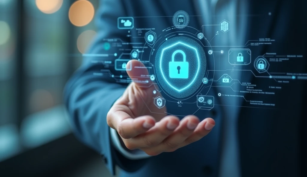 Create a highly realistic image featuring a hand ready to interact with a transparent holographic interface. The holographic display should feature advanced cybersecurity elements, including padlock icons, cloud computing symbols, and complex lines of code or circuit diagrams. The background is softly blurred, with subtle light filtering, emphasizing the futuristic technology used. The overall scene should exude a sense of security and cutting-edge digital innovation, with holographic elements appearing crisp, clear and seamlessly integrated into the environment. Lighting should be natural yet slightly cool, reinforcing the high-tech atmosphere of the image


