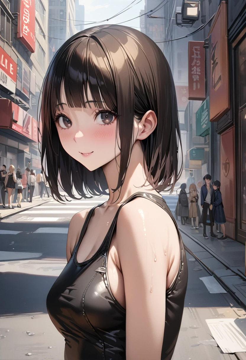 ((masterpiece,best quality anime,Highest quality:1.3)),realistic,upper body,1woman,(30 year old beauty),((very small head:1.4)),((very long body:1.4)),(short bob hair),black hair,(gorgeous big eyes),black eyes,smile,((slender body:1.4,skinny:1.3)),medium breasts(Punk Fashion,Tank top),oily skin,gleaming skin,shiny skin,standing,on street,New York City、