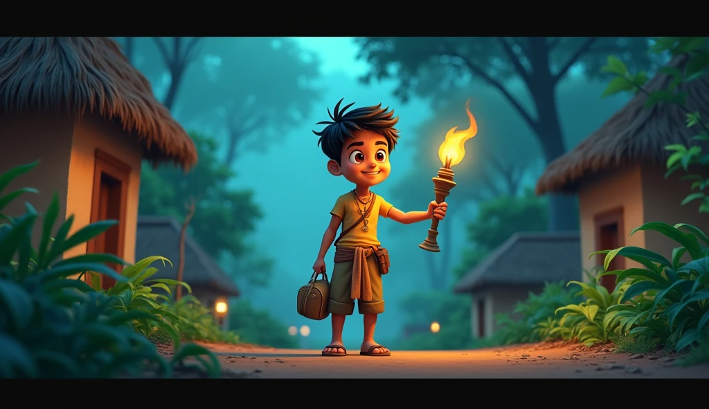 in cinematice 2d cartoon style Introducing indian Ramesh  A young boy named Ramesh with curious eyes and a determined expression. He’s standing at the edge of the village, looking toward the dense forest. He’s holding a small bag with some food and a torch in his hand, preparing for an adventure