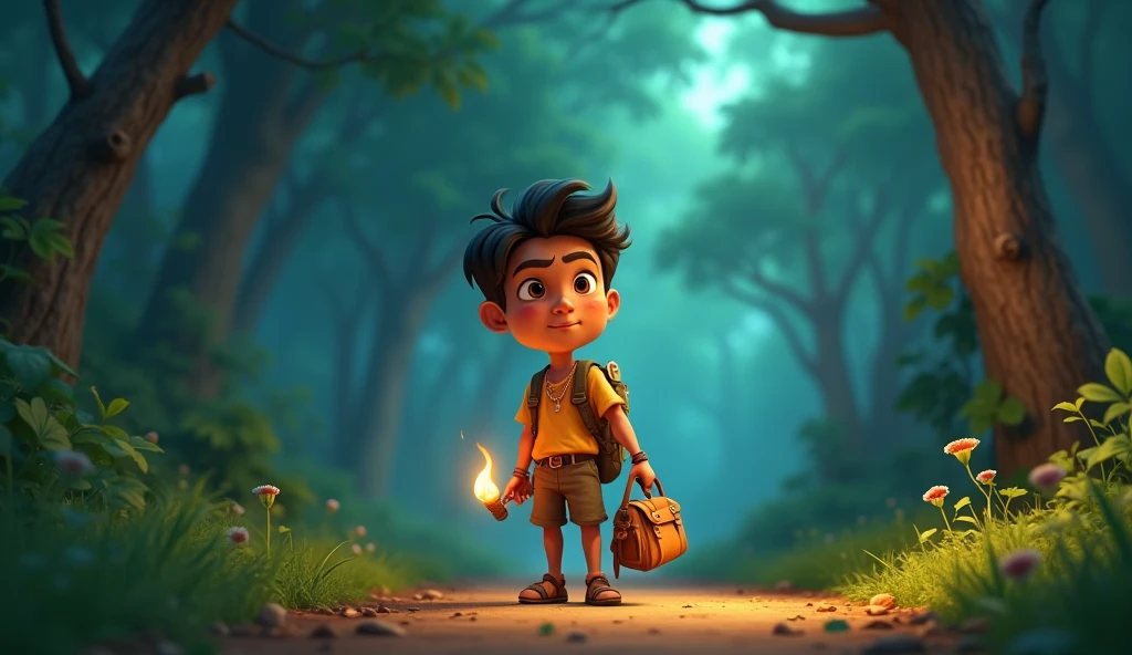 in cinematice 2d cartoon style Introducing indian Ramesh A young boy named Ramesh with curious eyes and a determined expression. He’s standing at the edge of the village, looking toward the dense forest. He’s holding a small bag with some food and a torch in his hand, preparing for an adventure
