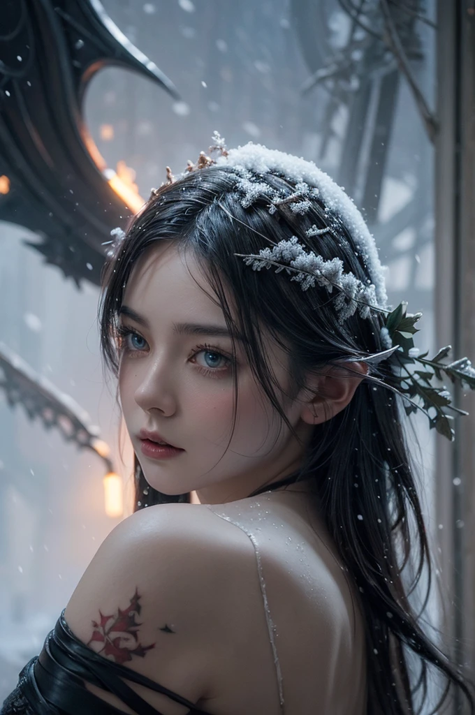 (snowstorm, dissolve:1.3), greg rutkowski style, many details, symmetric, dark fantasy, dark botanical, intricate, tattoo, imaginative, highly detailed