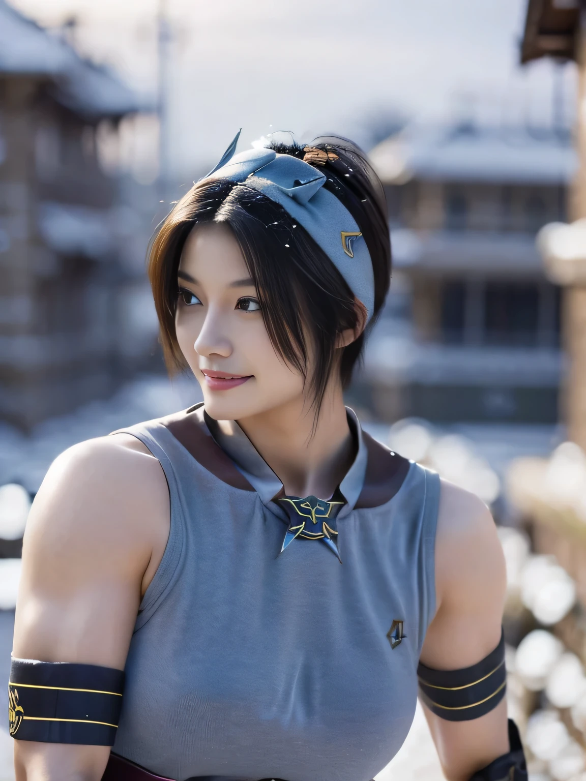 20 year old Japanese beauty,One woman、Muscular body like a bodybuilder、Emphasize the breasts、He wears a headband on his head、Slit eyes、A head-to-toe view,Bust is very very large、The background is a snowy country、High quality photos、Clear, crisp images of the lower body、Masterpiece 8k、Smiling、Throwing a shuriken with the right hand、From the front, from the side, from the back, etc.々from what camera angle to shoot、Light blue ninja costume
