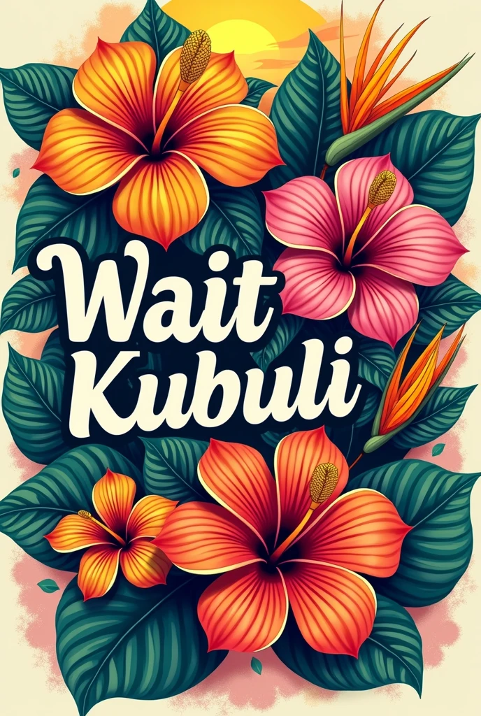 Create tropical flowers with the words 'Waitukubuli ', t-shirt design