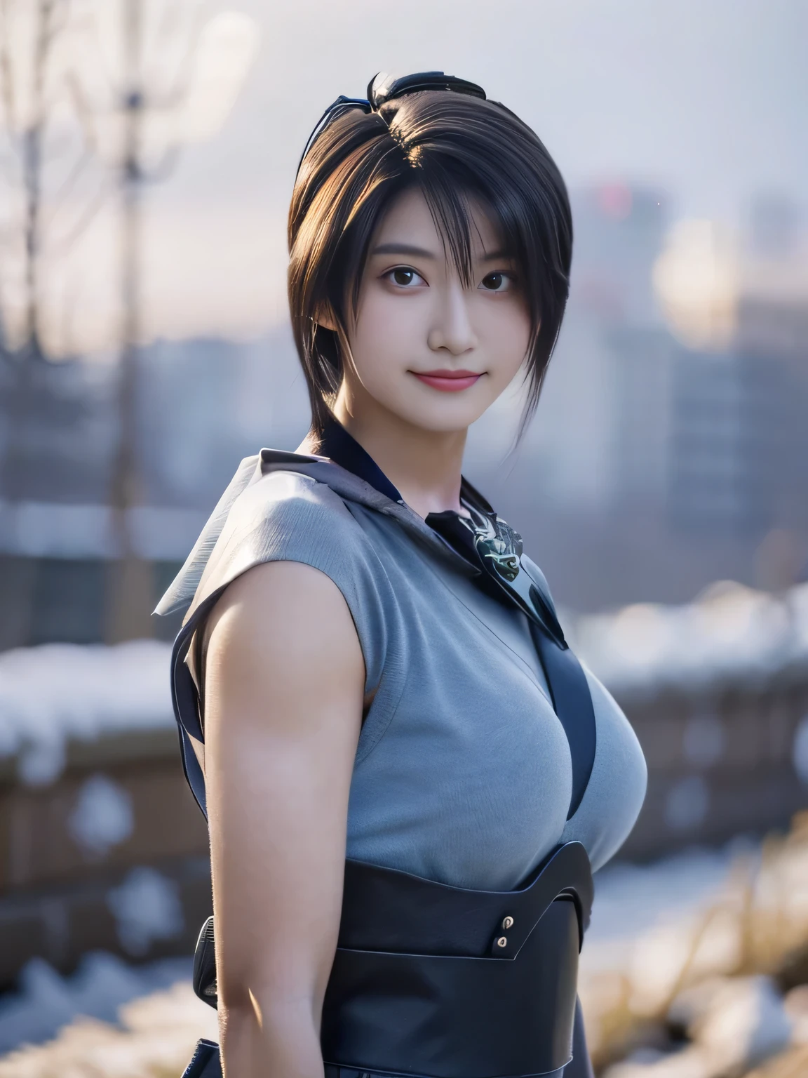 20 year old Japanese beauty,One woman、Muscular body like a bodybuilder、Emphasize the breasts、He wears a headband on his head、Slit eyes、A head-to-toe view,Bust is very very large、The background is a snowy country、High quality photos、Clear, crisp images of the lower body、Masterpiece 8k、Smiling、Throwing a shuriken with the right hand、From the front, from the side, from the back, etc.々from what camera angle to shoot、Light blue ninja costume