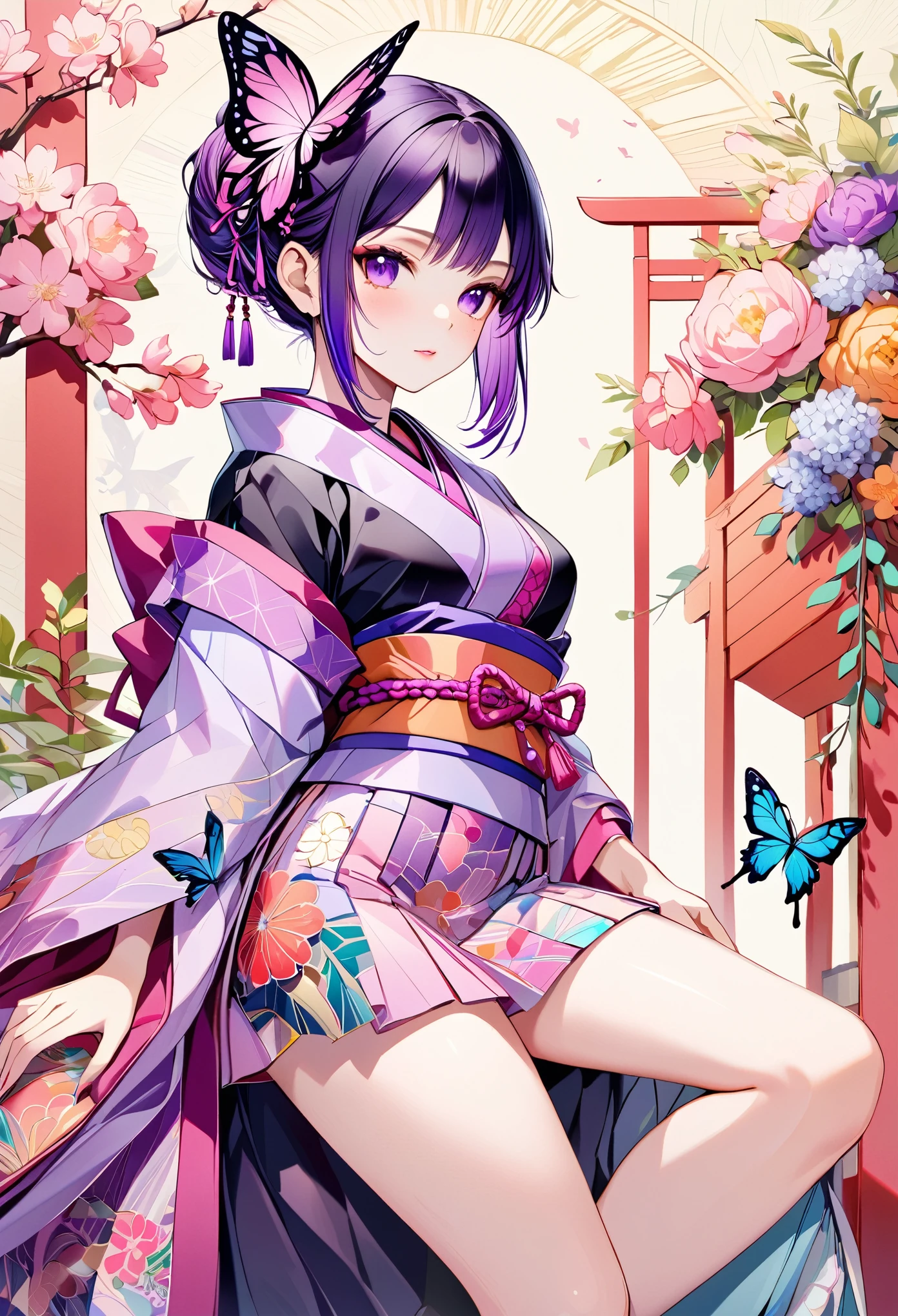 A mesmerizing surreal illustration of a young japanese woman resembling Shinobu Kouchou. She has black hair, purple eyes, a butterfly hair ornament, and wears a vibrant pastel colored outfit adorned with intricate floral patterns. Freckles dot her smooth, warm complexion, and bold, colorful tattoos cover her arms and legs. The tattoos feature traditional Japanese motifs like flowers and mythical creatures, rendered with meticulous detail in a pastel color palette. The background is a vintage floral-patterned wallpaper that complements the artwork's colors. The line work is precise, with delicate shading that gives the illustration a 3D quality. The artwork fuses modern illustration techniques with traditional Japanese aesthetics, resulting in a visually striking, portrait, Shinobu_Kocho, butterfly_hairpiece, multicolored_hair, purple_hair, black_hair, medium breasts, slender, arms behind back, 
