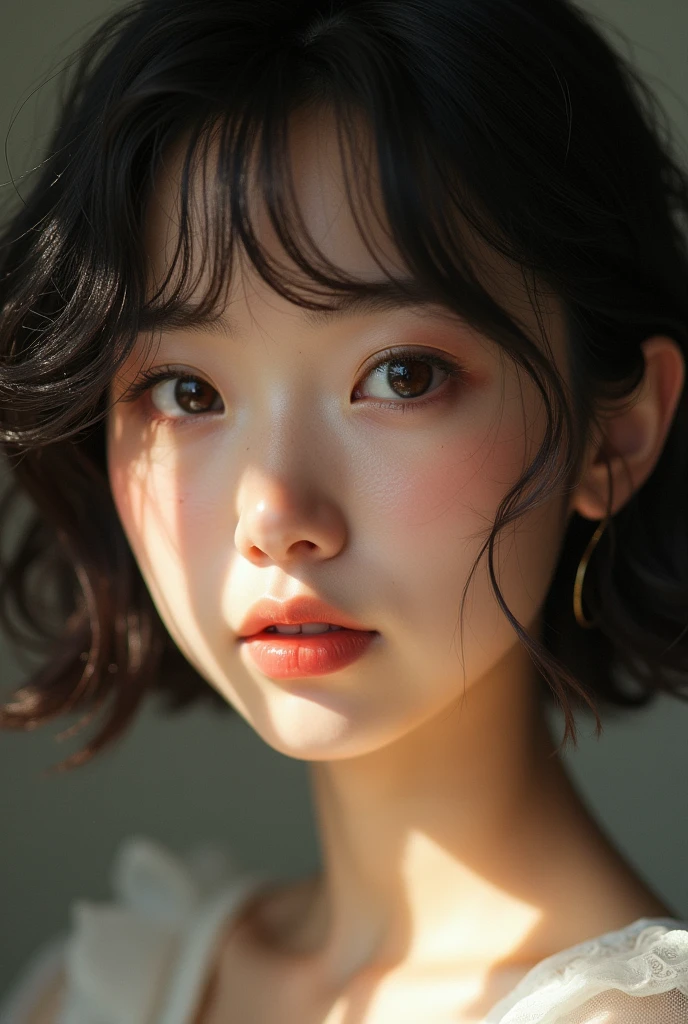 Gender: Female. Height: 5"6 inch tall. have a porcelain skin, her skin is soft and smooth. She have a doe shaped eyes, deep brown eyes, natural long lashes, have a tiny beauty mark spot on her left eye. She have cupid bow lips, full lips, another beauty mark on her right bottom lips. She have a pear body shape with medium sized chest, short hair, layered hair, black and slight brownish hair, curtain bangs, puffy and soft hair.
Smiling softly, dimple shown, wearing a cute vintage girl attire. Zoom in photo. Face of an adult.