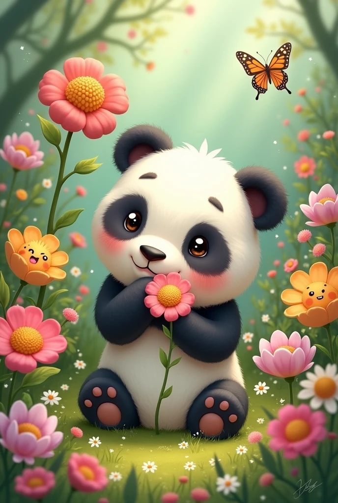 Pandas talking to flowers