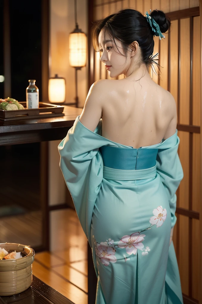 (((best quality))),(((ultra detailed))),(((masterpiece))),illustration,((1 beautiful Japannese girl,solo)),((slim,thin)),((shoulder off,strapless,bare back,towering hips,butt crack)),(in izakaya:1.3),(summer:1.2),(rainy:1.3),(indoor:1.2),(night scene:1.3),(wet:1.3),(cyan floral kimono:1.3),neat bun,porcelain skin,rouge,dimly lit,warm glow,ethereal,(standing beside the table:1.3),sake bottle,half-empty glass,tray,grilled fish,steamed vegetables,half-eaten,melancholic smile,storm,solitude,enigmatic aura,tranquility,chaos,simplicity,mysterious,captivating,((from back,upper body))