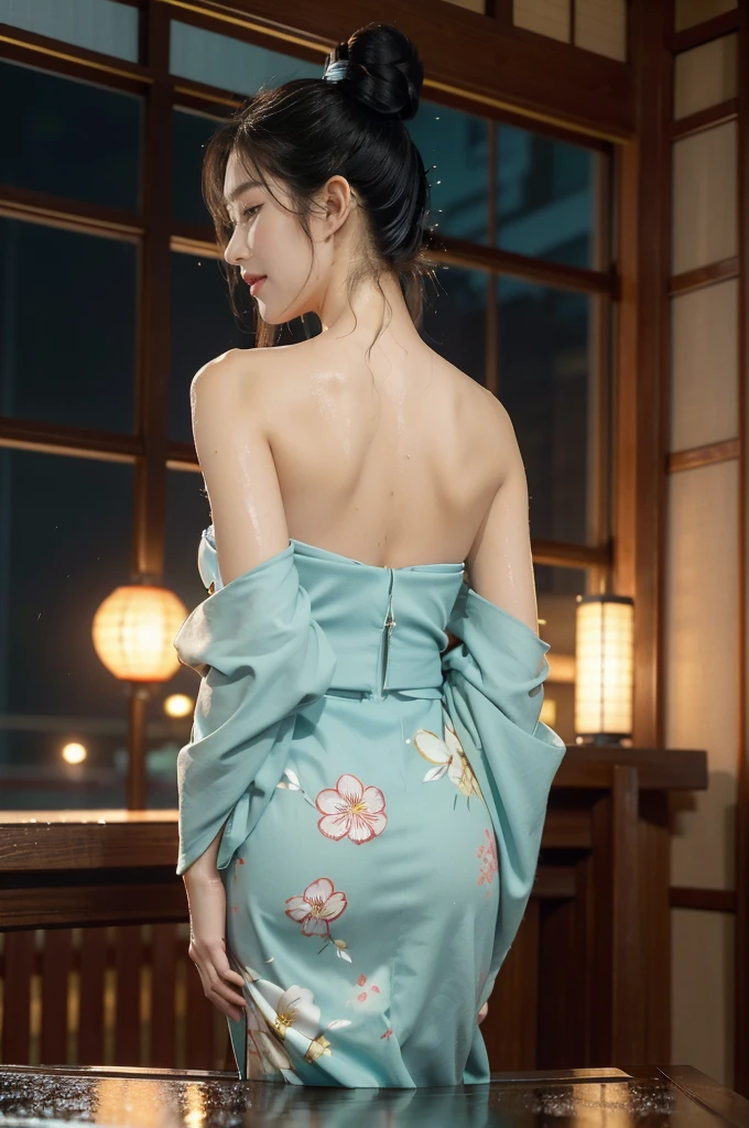 (((best quality))),(((ultra detailed))),(((masterpiece))),illustration,((1 beautiful Japannese girl,solo)),((slim,thin)),((shoulder off,strapless,bare back,towering hips,butt crack)),(in izakaya:1.3),(summer:1.2),(rainy:1.3),(indoor:1.2),(night scene:1.3),(wet:1.3),(cyan floral kimono:1.3),neat bun,porcelain skin,rouge,dimly lit,warm glow,ethereal,(standing beside the table:1.3),sake bottle,half-empty glass,tray,grilled fish,steamed vegetables,half-eaten,melancholic smile,storm,solitude,enigmatic aura,tranquility,chaos,simplicity,mysterious,captivating,((from back,upper body))