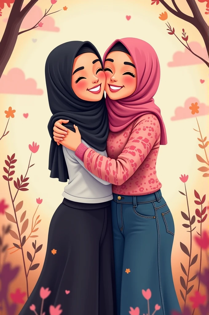 there are two women, one woman on the right wearing a pink hijab, wearing a long-sleeved pink shirt with an abstract striped pattern and wearing a navy blue jeans skirt, the woman hugs her friend on the left wearing a black hijab, a white shirt and a long black skirt
the two women hug each other from the side with their faces facing the camera in a happy pose
fox in the form of cartoon animation