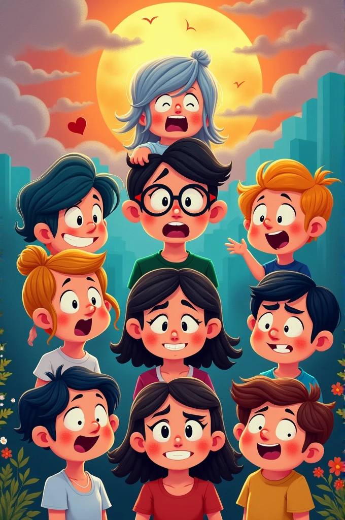 Make a representation of the feelings of joy, dislike, envy, shame, fear, sadness, anxiety and anger in a cartoon drawing