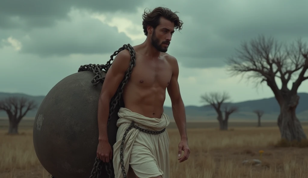 In a barren, desolate landscape under a dim sky, the young Stoic philosopher trudges forward with a heavy chain dragging a massive weight behind him. His bronzed skin gleams with a light sheen of sweat as his well-proportioned, not excessively muscular physique strains against the burden. His classic tunic, slightly transparent, clings to his chest, revealing a strong shoulder as he perseveres. His wavy, well-groomed hair sways gently with each step, and his expression is one of quiet determination. The scene is somber, with sparse, twisted trees and dark clouds overhead, symbolizing the draining nature of toxic relationships. The 8K, photorealistic quality captures every detail, from the rough texture of the chain to the subtle strain in the philosopher’s gaze, emphasizing the emotional weight he carries.