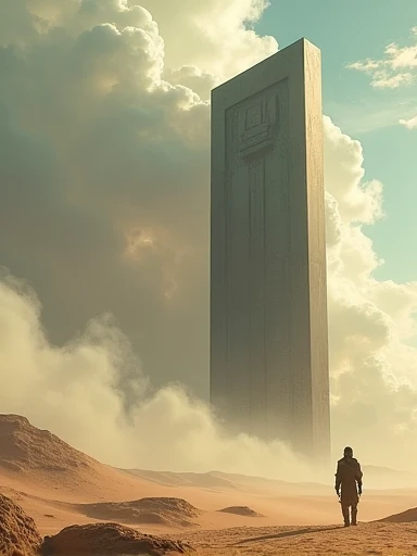 a lone figure standing before a towering, metallic monolith in a vast desert landscape, with clouds swirling above. It feels like a moment of discovery and mystery. What ancient secrets does this colossal structure hold?