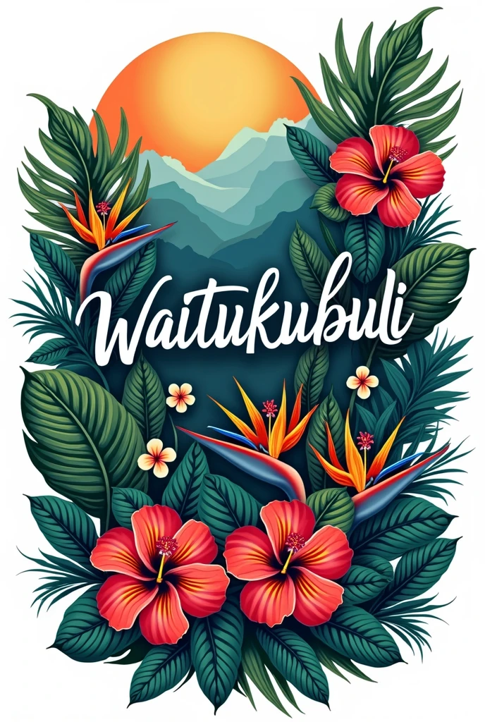 Create tropical leaves and flowers, hibiscus, 
bird of paradise flowers.  with the words 'Waitukubuli ', t-shirt design,  white background,  png