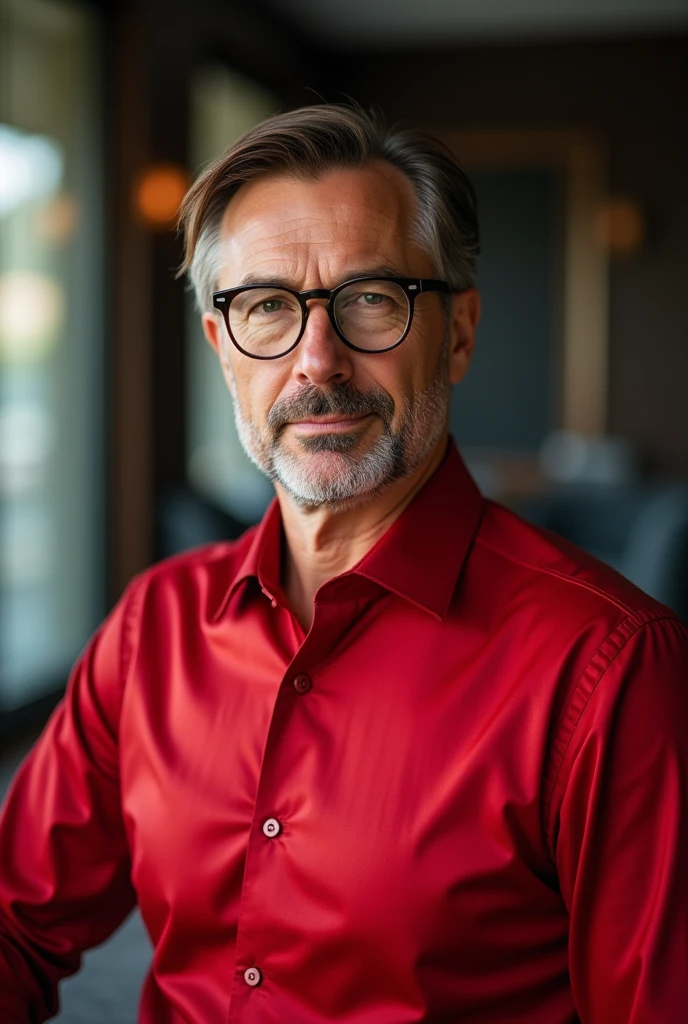 Man with straight hair, glasses and a red formal shirt

