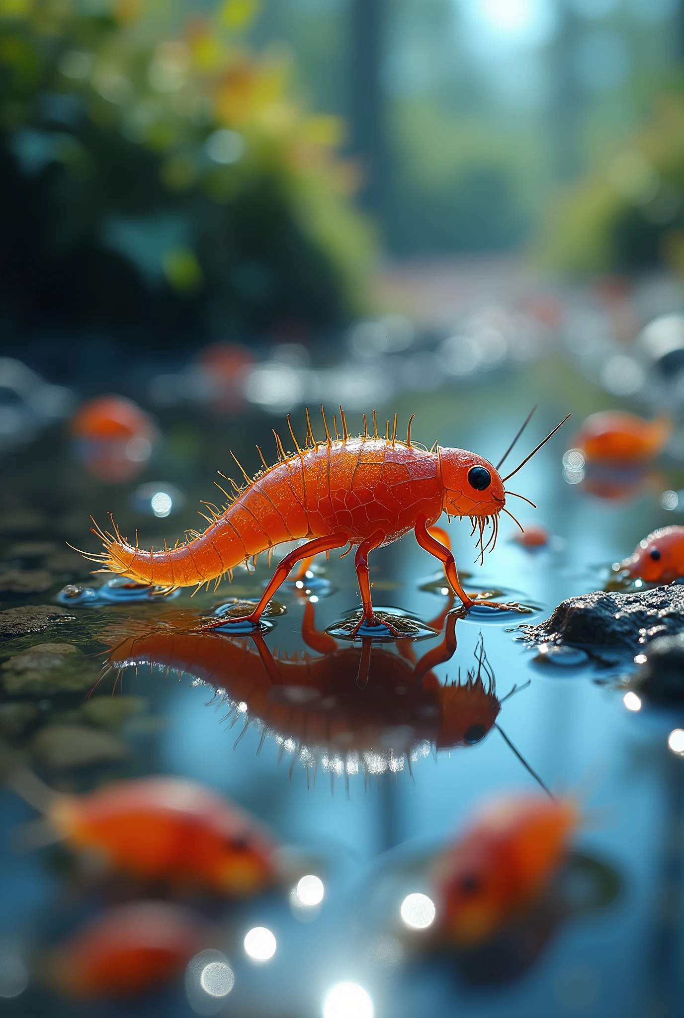 colorful, highly detailed macro shot of the complicated life in a puddle
