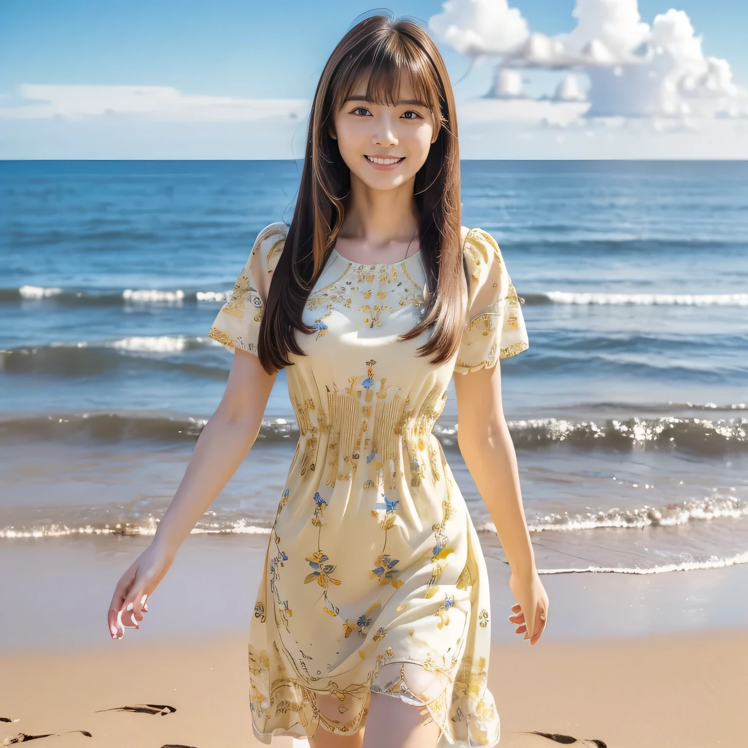 (Calm and gentle look:1.2), (Full Body Shot:1.3), (panorama:1.8), Cinema Lighting, ((Highest quality)), (RAW Photos, Highest quality), ( Realistic:1.4), realism, masterpiece, Very delicate and beautiful, Very detailed, 4K wallpaper, wonderful, finely, Very detailed CG unity 8k wallpaper, Very detailed, High resolution, Soft Light, Japanese, (one shot:1.9), (2:1.6), (Round face:1.2), (Fat:0.8), (A very neat woman:1.5), Beautiful detailed woman,Famous Japanese actresses, Detailed face, finelyて美しい目, Very detailedな目と顔, Beautiful eyes and a beautifully detailed nose, Ultra HD glossy lips, (Straight Hair:1.4), Shiny Hair, Shiny Hair, Brown Hair, (bangs:1.4), Long, slender legs, Toned body, (Smiling:1.6), Glossy and moisturized lips, Natural Makeup, (LET IT PASS,  floral pattern, Light Yellow, Short sleeve dress:1.4), (embroidery, A very intricate and elaborately decorated dress:1.3), (pumps:1.2), (Strolling along the beach:1.2), (Deep blue midsummer sky, cumulonimbus, The ocean with a wide horizon:1.3),