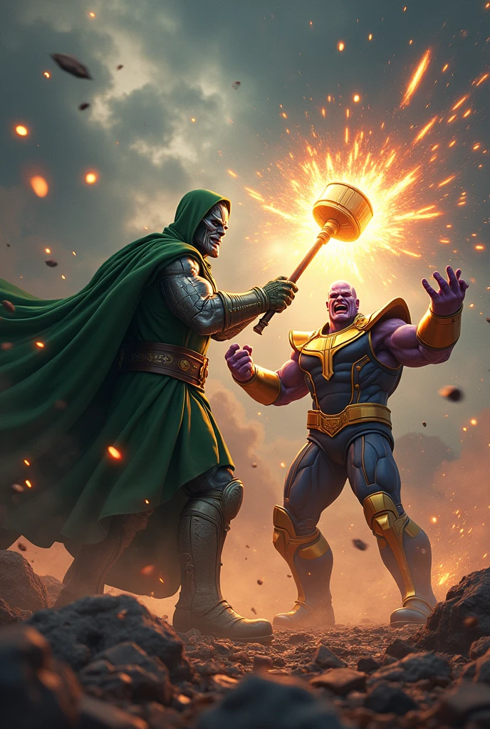 Create a dramatic 4K image of Dr. Doom in a powerful and menacing pose, wielding Mjolnir, the enchanted hammer of Thor. Dr. Doom, in his iconic green and silver armor with a flowing cape, is depicted mid-strike as he delivers a decisive blow to Thanos. Thanos, depicted in his classic armor, is in the midst of being overwhelmed by the force of the strike. The background should feature a cosmic battlefield with intense lighting and energy effects, emphasizing the clash between the two powerful characters. The scene should be rich in detail, showcasing the raw power and dramatic impact of the moment.