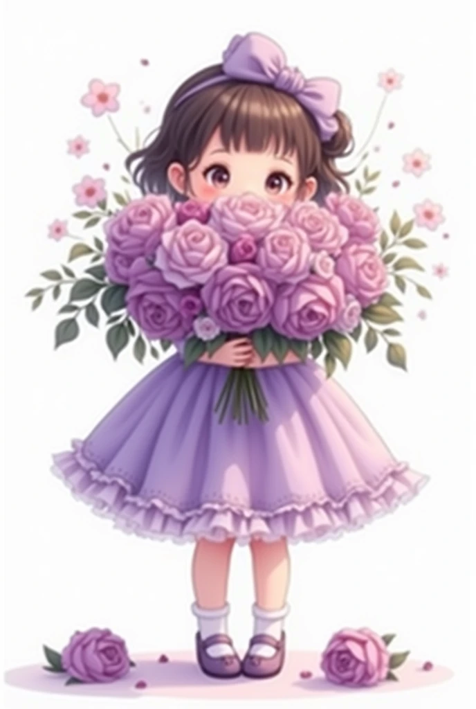 white background,cute little baby girl standing,wearing beautiful party frock,purple shade full frill frock,wearing beautiful shoes,her hands full of large flower bunch,some flowers are fell down,nice smiling anime Sophia face,hide half face of flowers