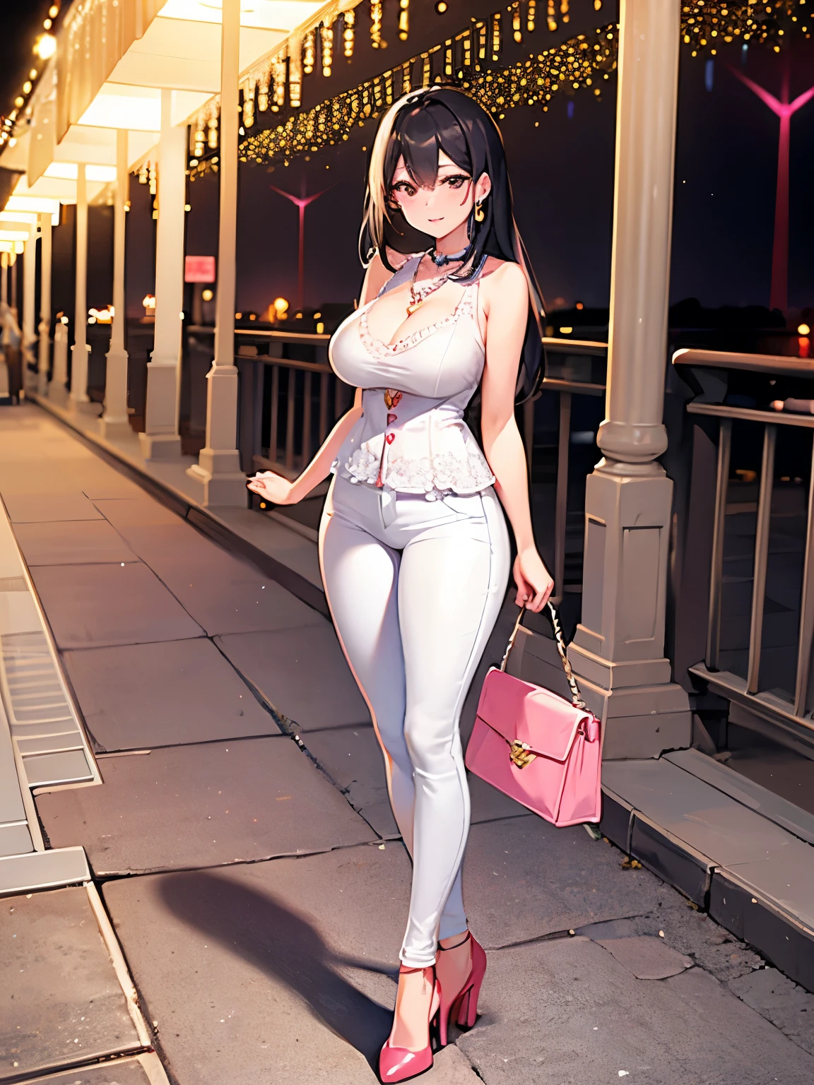 One female、skinny pants　White、All-lace pattern　Sleeveless shirt　pink、Big Breasts、Beautiful feet、smile、Black Hair　long hair、Seaside Park　night　Street lamp、Are standing、Diamond Earrings、Chain Necklaces、Red High Heels、Black Band Bag、Women&#39;s Watches　Silver