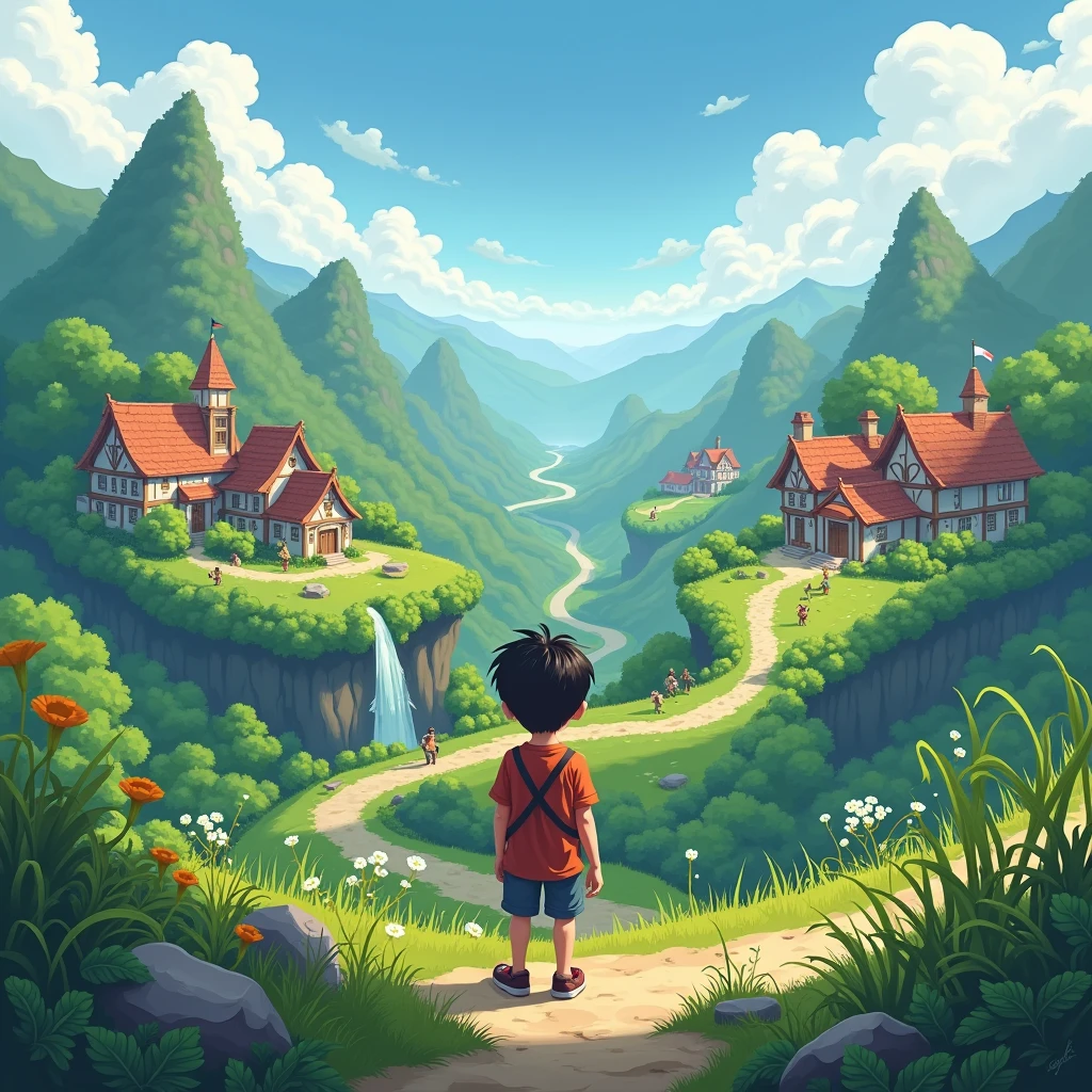 (Highest quality, masterpiece), One boy and one、And two villages、There are two more behind him.。View your viewers,