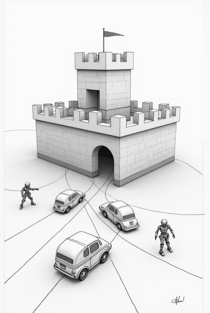 Draw a simple pencil drawing of a castle protected by three walls, three layers of walls, each one represents the skin, symbolizing hypodermis, the dermis, a epiderme. At the entrance to the castle, represent small vehicles that symbolize the epidermis, e esferas unidas que simboliza the dermis, and robots that symbolize the hypodermis, and all of them heading towards the castle walls. Use arrows to show the movement of these vehicles, spheres and robots heading to the castle, delivering their gifts inside the castle.