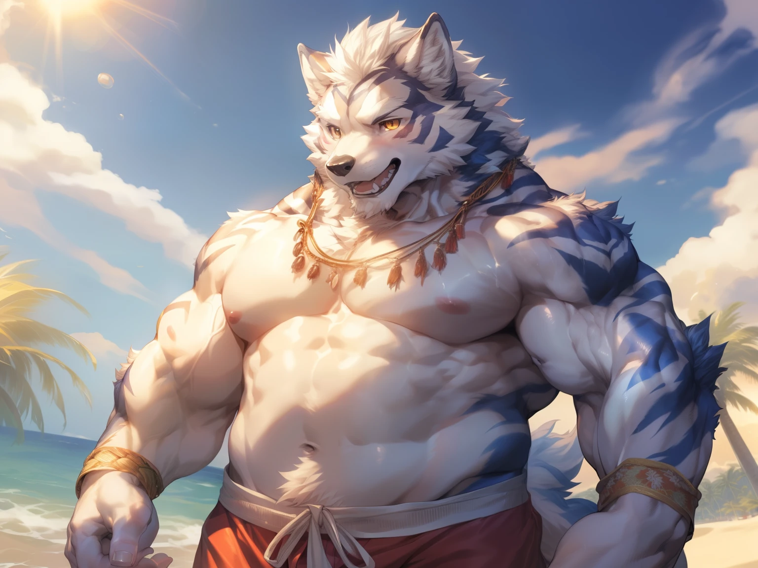 (By Empty Ghost, From thebigslick, By Dark Gem, Will chase), Keyuan Building (Onmyoji Daisenji Temple), High quality photos, Perfect anatomical structure, Anthropomorphic white wolf, male, 30 years old, (wolf print), Thick eyebrows, short hair, White Teeth, Strong body, Fat, White pectoralis major, White swimming trunks, Small bump, Pink milk clusters, Standing on the beach, Looking up, One hand raised above the head to block the sun, happy, blush, Golden pupils, Look up at the sky, Clear facial features, (Dynamic poses:1.5), Strong, solitary, (Top view:1.5), noon, sunny, Coconut Tree, Water waves, (By Empty Ghost, From wolf20, masterpiece, high quality, high resolution, 8k)