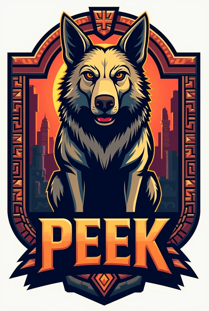 mayan style dog logo, for a sports team named Peek and that has striking colors but the dog looks imposing and that everything is surrounded by a border in the shape of a Mayan shield that has the name Peek with striking words that the border has more Aztec details that has the dog glyph that has more details of Mayan structures in the background and in the shield that has more vibrant colors