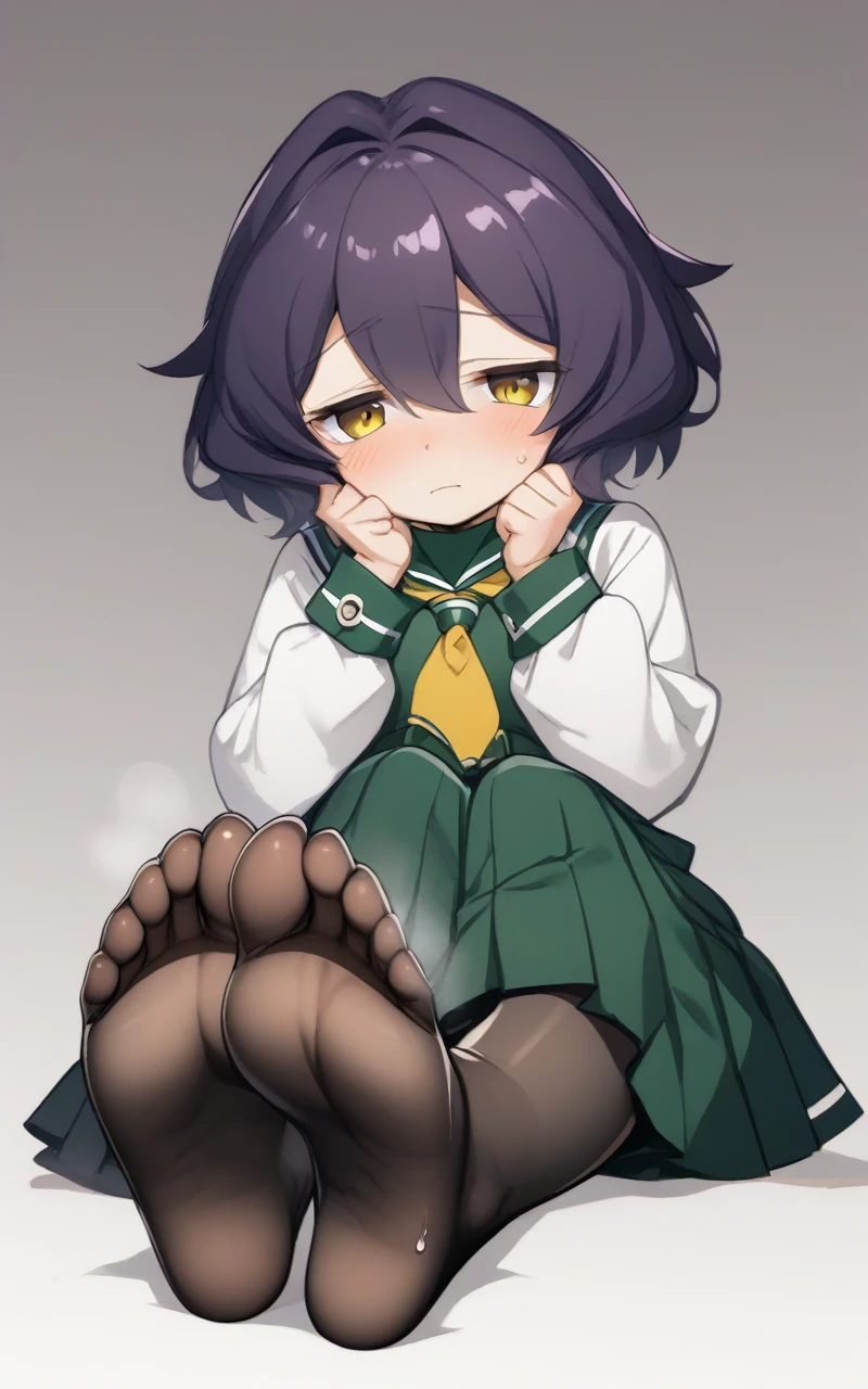 1 Girl, short hair, Black Purple Hair, Hair between the eyes, Side lock, Heart Ahog, Bangs, Small Breasts +++ Utena, Dull yellow eyes, look down +++ Uniforms, Seraph, Long sleeve, Green sailor collar, Green midi skirt, Pleated Skirt, scarf, Black pantyhose, Lovers, Whiskers, ecstatic, Vest Park，Stinky feet,Steam around feet,脚底Sweating很多，There are a lot of water drops on the soles of feet，Water dripping from the soles of feet，Sweating all over，Sweating, Two feet，Each foot can only have five toes，Good feet，Nice looking feet