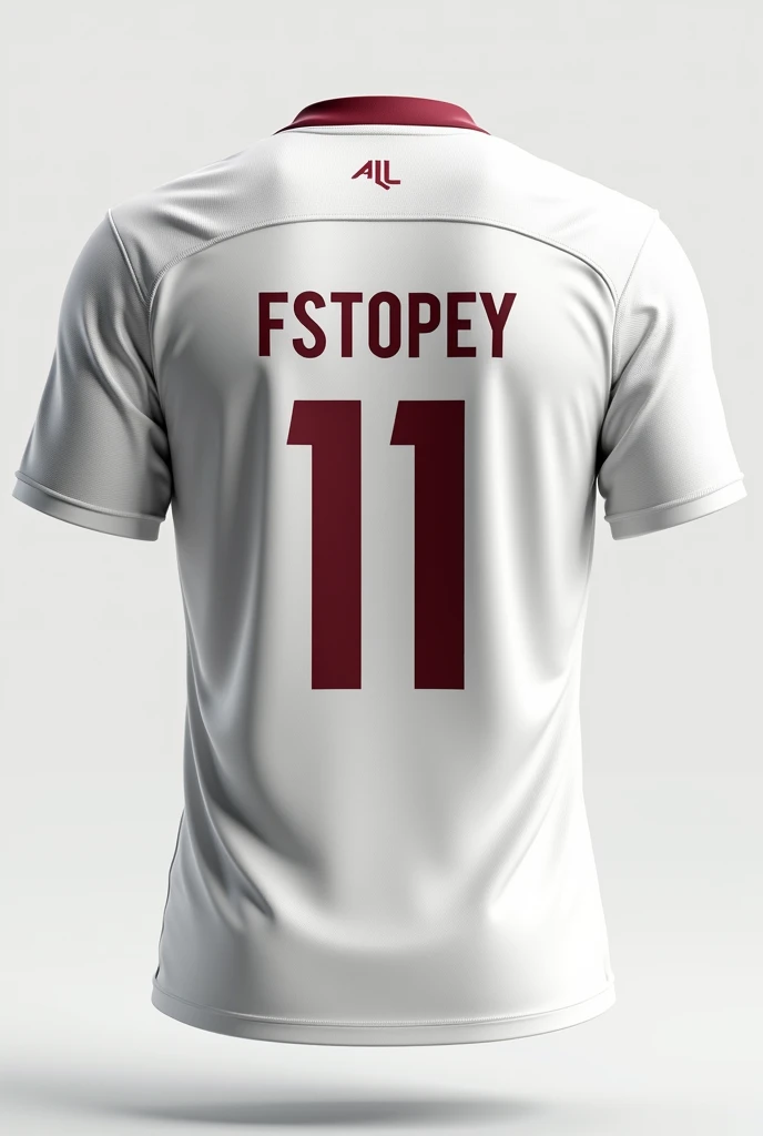 Back side of jersey
Base Color: Continue the white base color on the back of the jersey.
Sponsor Logos: If there are any sponsor logos, place them on the shoulders or lower back.
Player Number: Include a player name  in dark red or black, centered on the upper back.paluer name fstopey 
