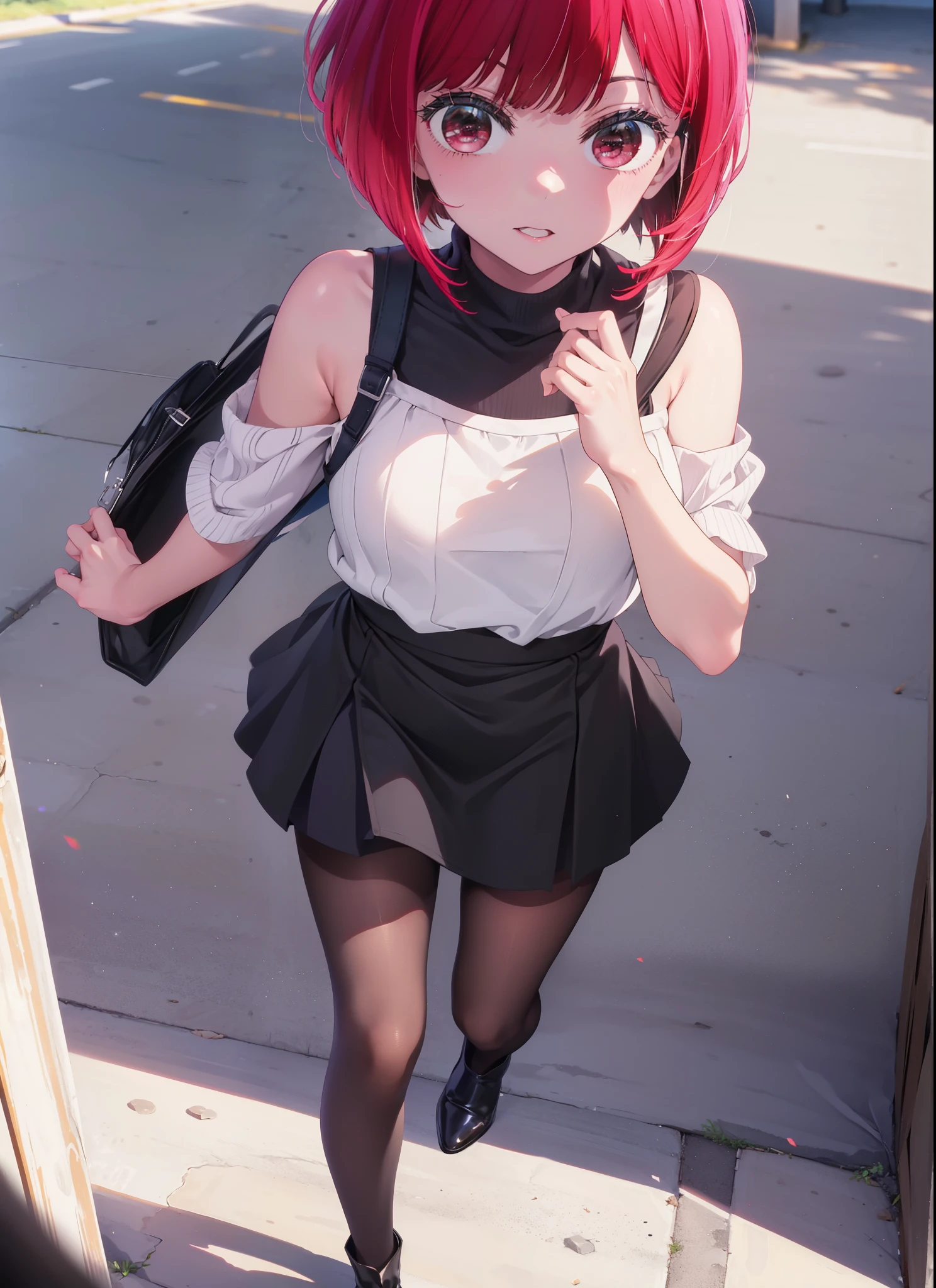canary, Arima etc., short hair, bangs, (Red eyes:1.3), Redhead, Bobcut, smile,Open your mouth,One-shoulder sweater,mini skirt,Black pantyhose,short boots,Glasses,Walking,Daytime,Clear skies,whole bodyがイラストに入るように,
break outdoors,School courtyard,
break looking at viewer, whole body,
break (masterpiece:1.2), Highest quality, High resolution, unity 8k wallpaper, (figure:0.8), (Beautiful attention to detail:1.6), Highly detailed face, Perfect lighting, Highly detailed CG, (Perfect hands, Perfect ???????),