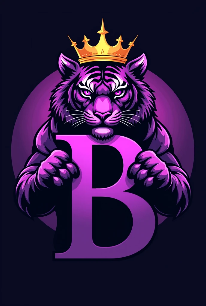 Make a logo in a circle shape. The highlight of the logo will be the letter B in purple., make it very eye-catching and different behind the letter B, make a purple eyed tiger, very fierce holding the letter, and make a golden crown on the tiger Leave the background of the image discreet, but beautiful