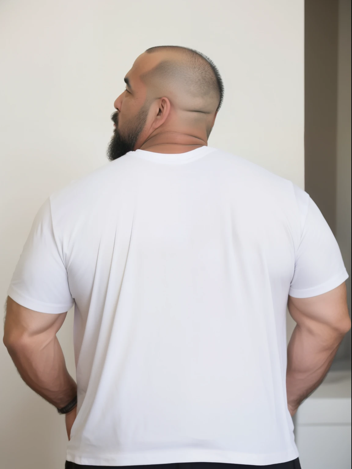 50 years old fatty lowered eyebrows World's Strongest Man, hairy body, Japanese man with a shaved head and beard, wearing white T-shirts like a boy. back shot. without face