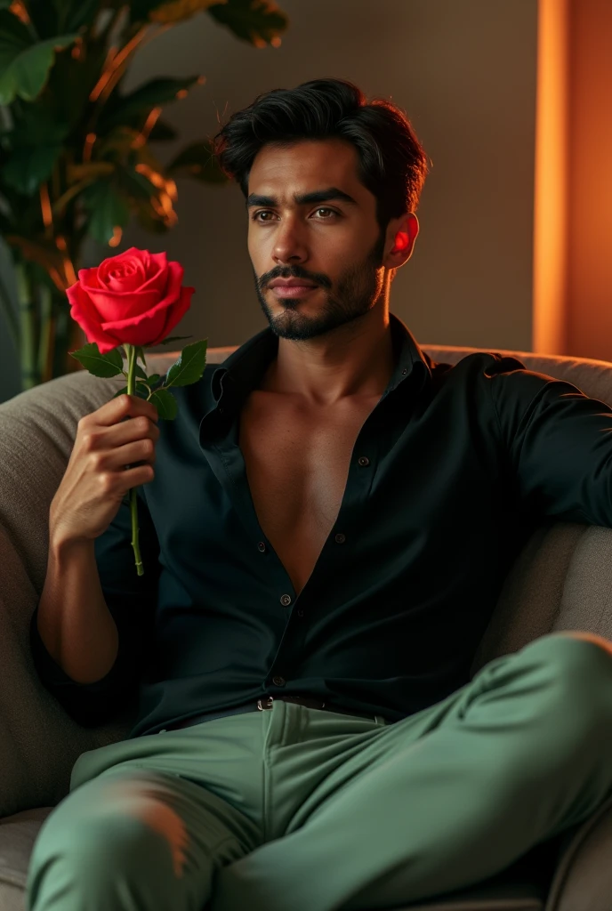 a men wearing black shirt and light green dress pent sirting on sofa holding a fire rose with two fingers in sexy look