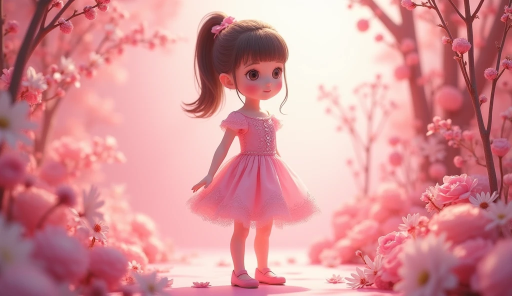  Real girl with half ponytail, pink princess dress with shoes, standing in pink with flowers, pink princess background with flowers  