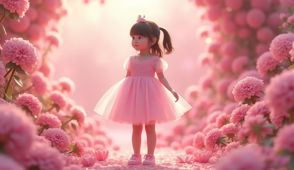  Real girl with half ponytail, pink princess dress with shoes, standing in pink with flowers, pink princess background with flowers  