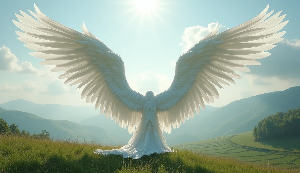 Long white folded angel wings lot of feathers ultra realistic in landscape 


