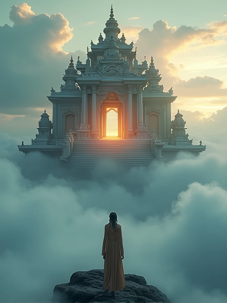 detailed ancient goddess temple, floating above the clouds, peaceful yet powerful, 1 woman, serene facial expression, ornate goddess-like robes, detailed intricate architecture, glowing ethereal light, dramatic cloudy sky, cinematic lighting, volumetric fog, highly detailed, 8k, photorealistic, digital art