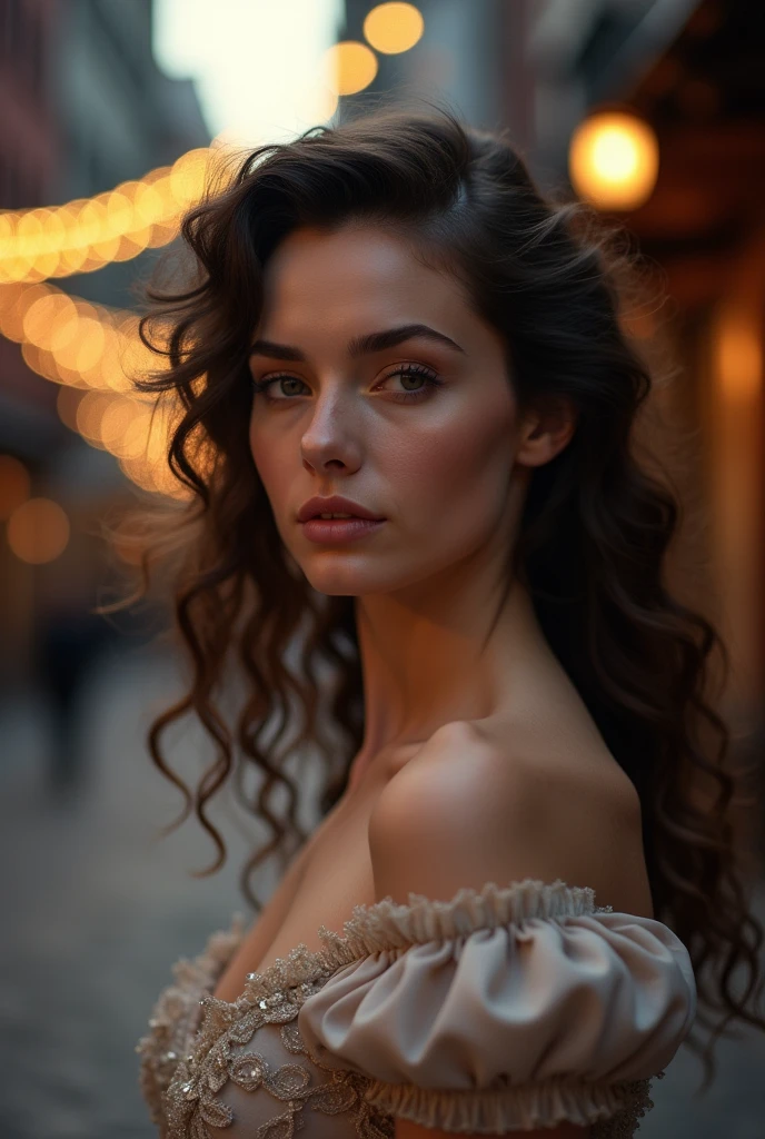 (a closeup of a beautiful on a 19th century street in a vintage dress), (Serious:0.5), (Highly detailed face:1.4), ass pov, Nikon D850, film stock photograph, 4 Kontury street in a vintage dress), (Serious:0.5), (Highly detailed face:1.4), ass pov, Nikon D850, film stock photograph, 4 Kodak Portra 400, camera f1.6 lens, saturated colors, hyper realistic, lifelike texture, dramatic lighting, Cinestill 800, 19th-century Victorian style, Evening, Vintage lighting, Medium curly hair