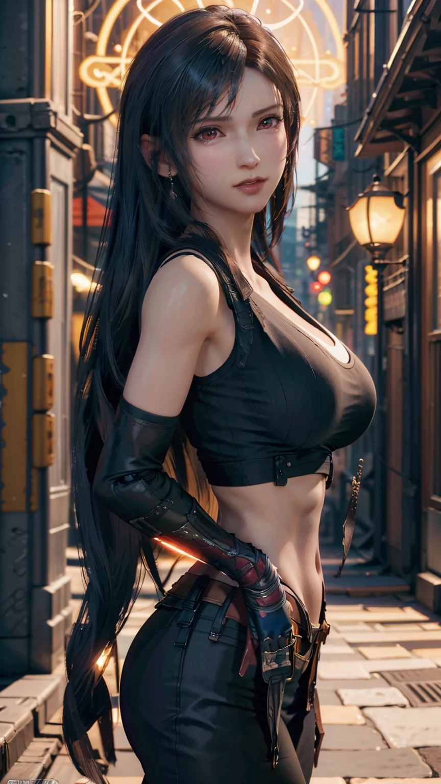 (final fantasy Tifa Lockhart, One girl, alone, big bouncing bust), complicated, elegant, Very detailed, Digital Painting, Art Station, Concept Art, Smooth, Sharp focus, figure, ArtJam、Greg Rutkowski、Alphonse Mucha、William Adolphe Bouguereau、Art by Stephanie Law , Magnificent royal background, large crown, Royal Jewels, robot, nature, Full Shot, Symmetric, Greg Rutkowski, Charlie Bowwater, Beep, Unreal 5, Surreal, Dynamic Lighting, Fantasy art, Complicated colors, Colorful magic circle, flash, lightning, light, Shining Castle, street fight