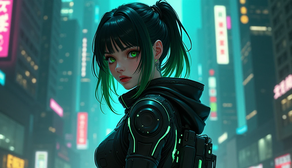cyberpunk ,dark neon,anime black green hair