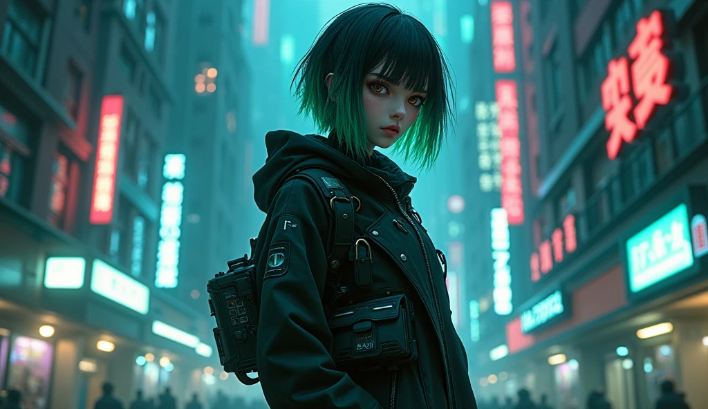 cyberpunk ,dark neon,anime black green hair