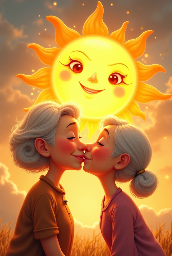 Sun image with face kissing the grandmother