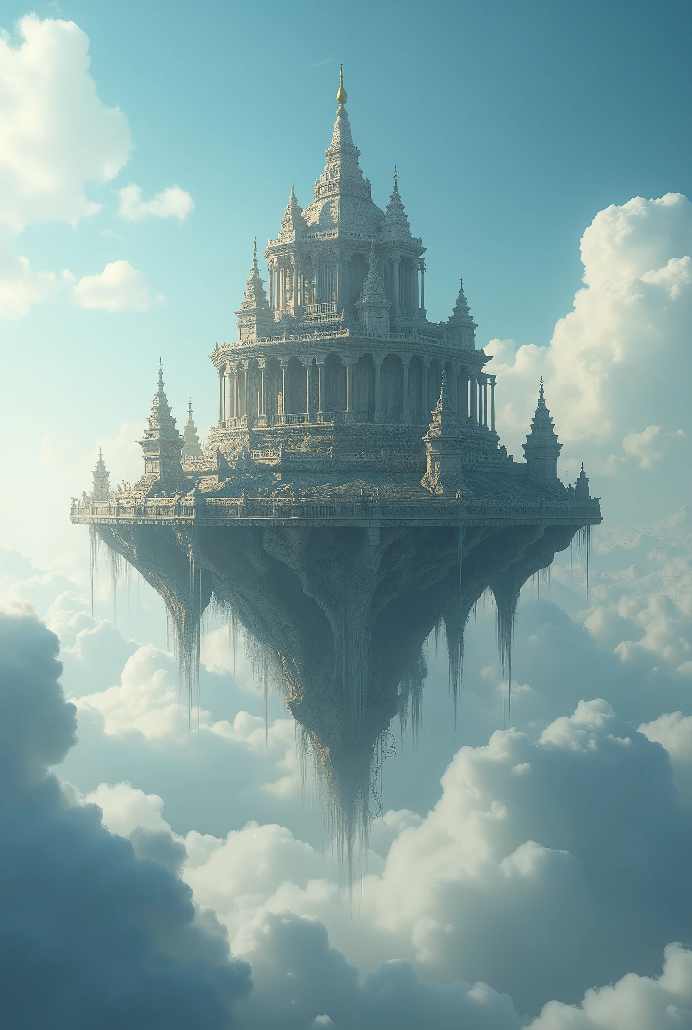an ancient temple floating above the clouds, so peaceful yet powerful.