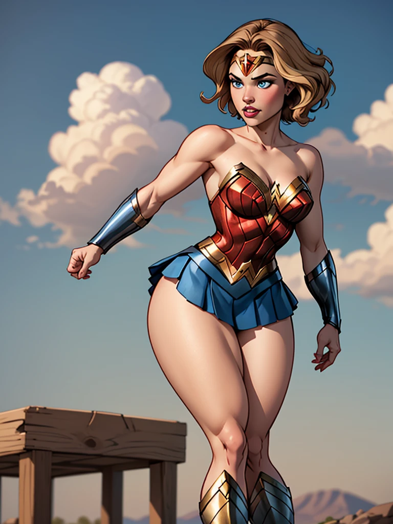 Blonde girl with short hair, blue eyes, wearing A piece of armor without a worker, armor like Wonder Woman's in blue, wearing a strappy skirt brown, wearing a tiara on her forehead, thick thighs