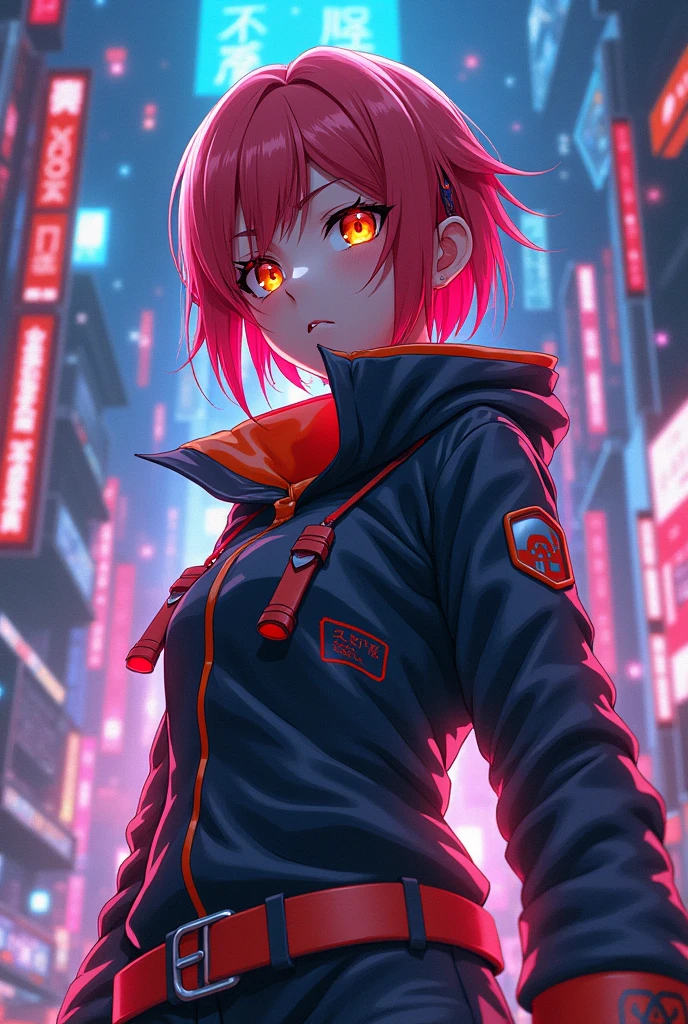 Nobara Kagusagi, inspired from Jujutsu Kaisen,olhos laranja,neon city,imagem anime.